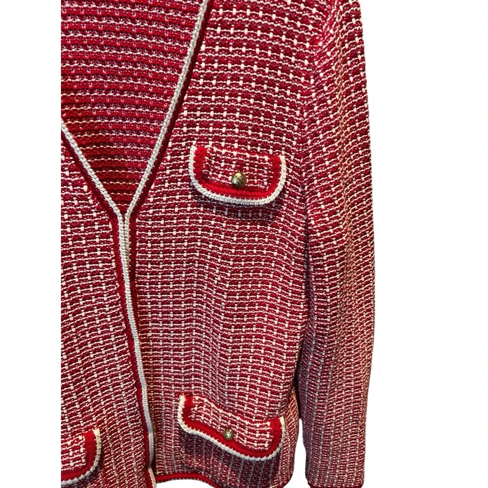 Talbots  Tipped Tweed‎ Knit Sweater Cardigan  Jacket Sz Large L Red Gold Button